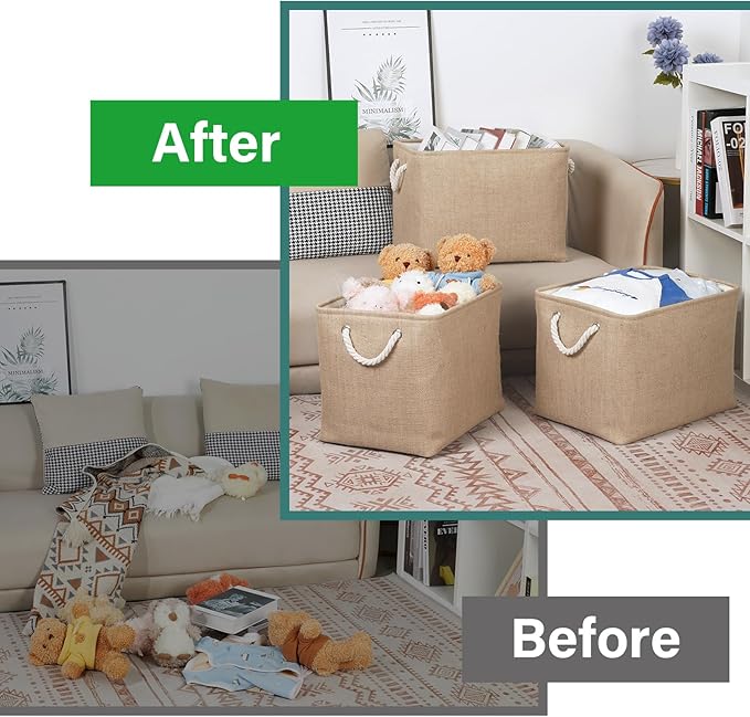 Bidtakay Fabric Storage Baskets for Shelves 3 Pack Large Storage Bins for Organizing Linen Collapsible Organizer for Closet-Flaxen-CubbioJoy