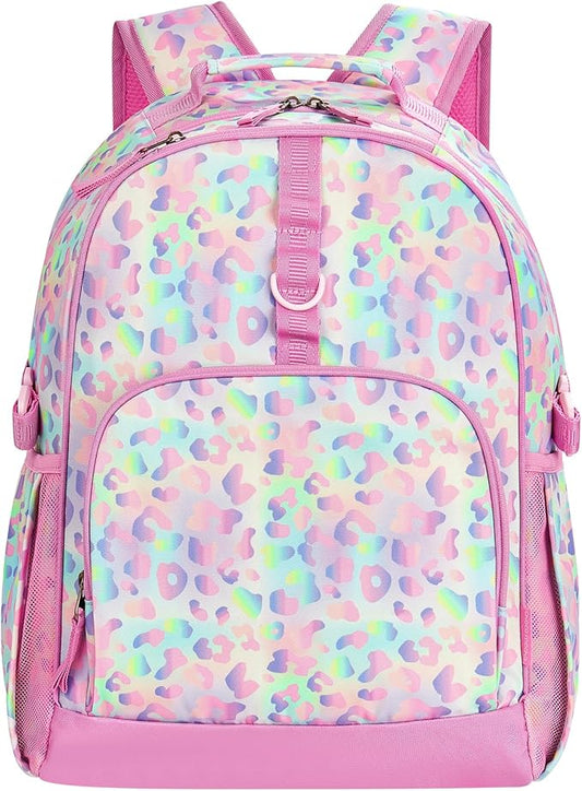 Choco Mocha Cheetah Backpack for Girls, Elementary School Backpack for Girls Ages 6-8 Kids Kindergarten Backpack Bookbag 17 Inch with Chest Strap, Pink Purple-CubbioJoy