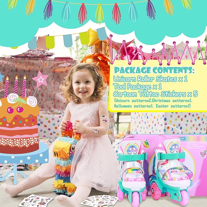 4-Pejiijar Rainbow Unicorn Kids Roller Skates for Girls Toddler Ages 2-4 5-8 8-12,Adjustable Roller Shoes with Luminous Wheels for Birthday Xmas Gifts-CubbioJoy