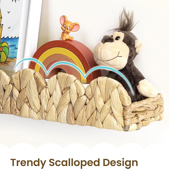 AELS Scalloped Nursery Bookshelf, Set of 2, Picture Ledge Shelf for Wall Decor, Woven Natural Water Hyacinth Floating Shelves for Books, Toys, Photo Frames, Nursery, Boho Modern Farmhouse Book Shelf-CubbioJoy