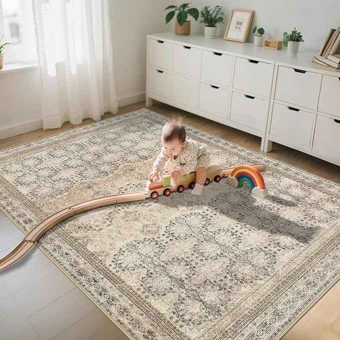 6x9 Washable Area Rug Non Slip, Thin Vintage Floral Living Room Rug Low Pile, Indoor Large Distressed Print Carpet for Bedroom, Dining Room, Farmhouse, Home Office, College Dorm Beige/Pink/Orange-CubbioJoy