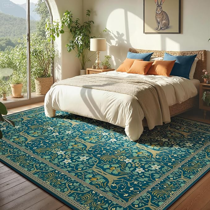 Joydeco Washable Large Area Rug 8x10, Boho Floral Rugs for Living Room Non Slip, Soft Low-Pile Botanical Forest Indoor Floor Throw Carpet for Dining Home Office Playroom, Dark Blue-CubbioJoy