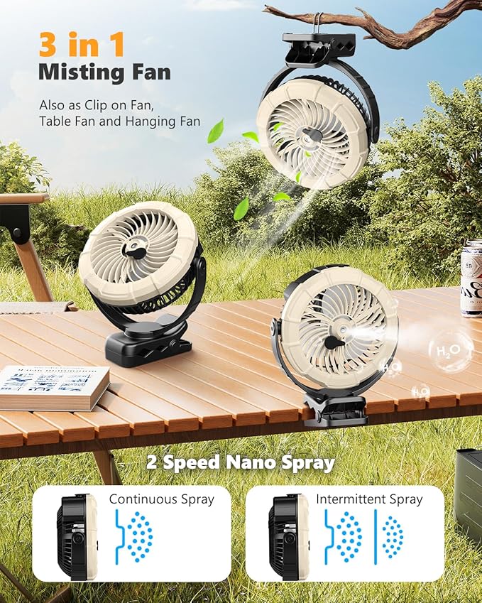 Ausic 3-in-1 Portable Clip on Fan with Misting & LED Lights & Hook, 100ML Baby Stroller Fan, 5200mAh Rechargeable Battery Operated & 360° Rotation & 3 Speeds for Table Outdoor Travel Camp Golf Cart-CubbioJoy