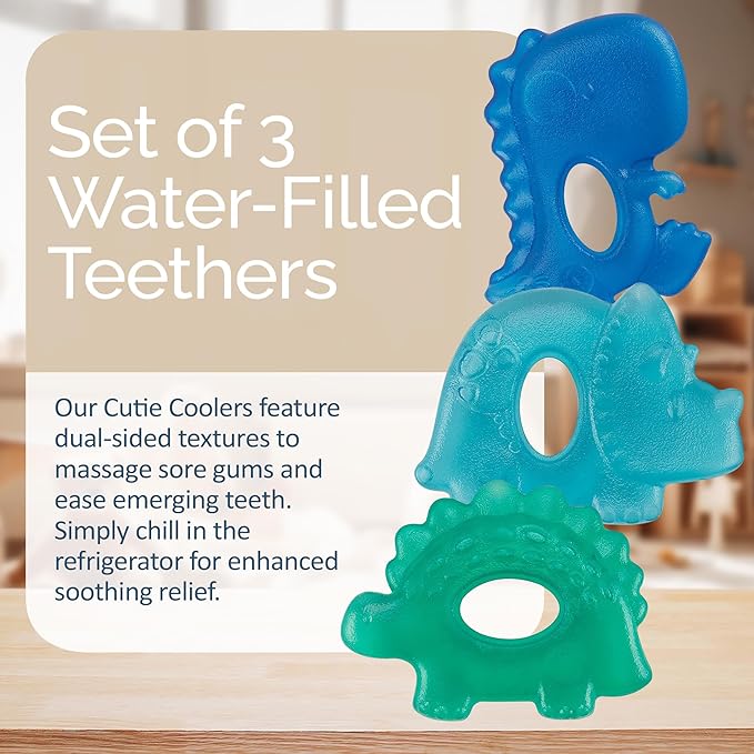 Itzy Ritzy Water-Filled Teethers - Cold Cutie Coolers Textured On Both Sides to Massage Sore Gums & Emerging Teeth - Can Be Chilled in Refrigerator, Set of 3 Coordinating Dinosaur Water Teethers-CubbioJoy
