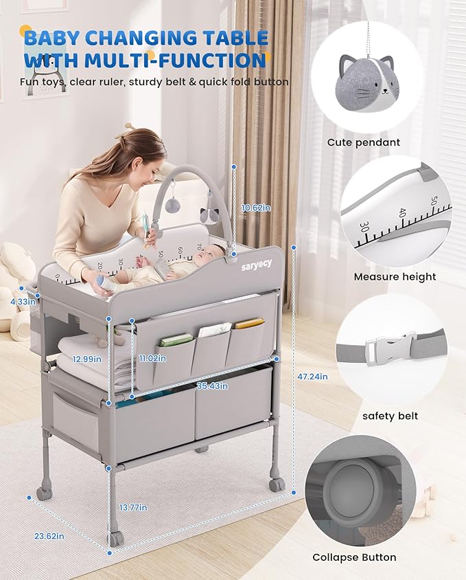 Baby Changing Table, Versatile Folding Changing Table, Waterproof Diaper Changing Station, Adjustable Height with 2 Drawers,Baby Changing Station, Mobile Nursery for Infant and Newborn-CubbioJoy