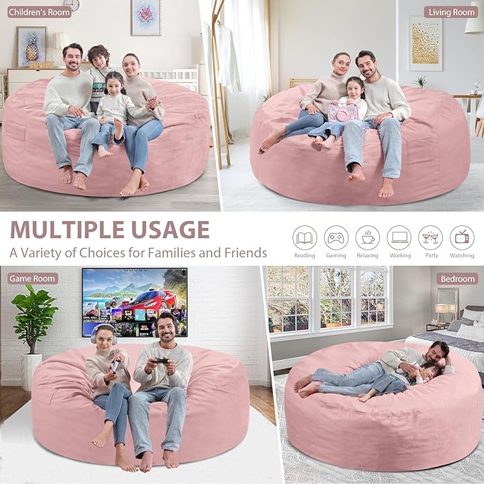 6FT Bean Bag Chair, Large Bean Bag Chairs with Memory Foam Filled, Fluffy Beanbag Sofa with Dutch Velvet Cover, Round BeanBag Chairs for Living Room, Playroom- Light Pink-CubbioJoy