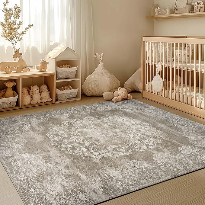 jinchan Vintage Floral 4x6 Area Rugs - Machine Washable Distressed Design Soft Ultra-Thin Low-Pile Non-Slip Carpet for Entryway Kitchen Bedroom Nursery Living Room Dining Room (4x6ft,Brown)-CubbioJoy