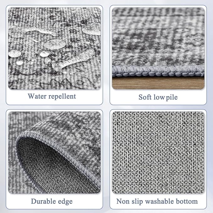 4x6 Area Rug for Bedroom Machine Washable, Non Slip Vintage Floral Kitchen Rugs for Dining Room,Rustic Indoor Floor Carpet for Kids Room, Playroom, Office Classroom Faded Grey-CubbioJoy