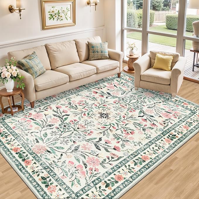 Area Rug Living Room Rugs: Floral 5x7 Washable Rug Vintage Soft Boho Non-Slip Carpet Indoor Stain Resistant Large Carpets for Bedroom Dining Room Farmhouse Nursery Hallway Home Office Green Beige-CubbioJoy