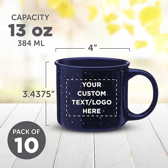DISCOUNT PROMOS Custom Ceramic Campfire Coffee Mugs 13 oz. Set of 10, Personalized Bulk Pack - Perfect for Tea, Espresso, Cappuccino, Hot Cocoa - Blue-CubbioJoy
