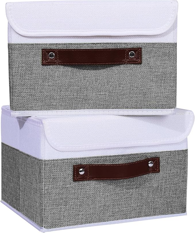 ANMINY 4PCS Storage Boxes with Lid Washable Decorative Storage Bins Basket with PU Leather Handle Foldable Linen Fabric Storage Cubes Containers for Home Closet Organizer - Gray White, Small Size-CubbioJoy