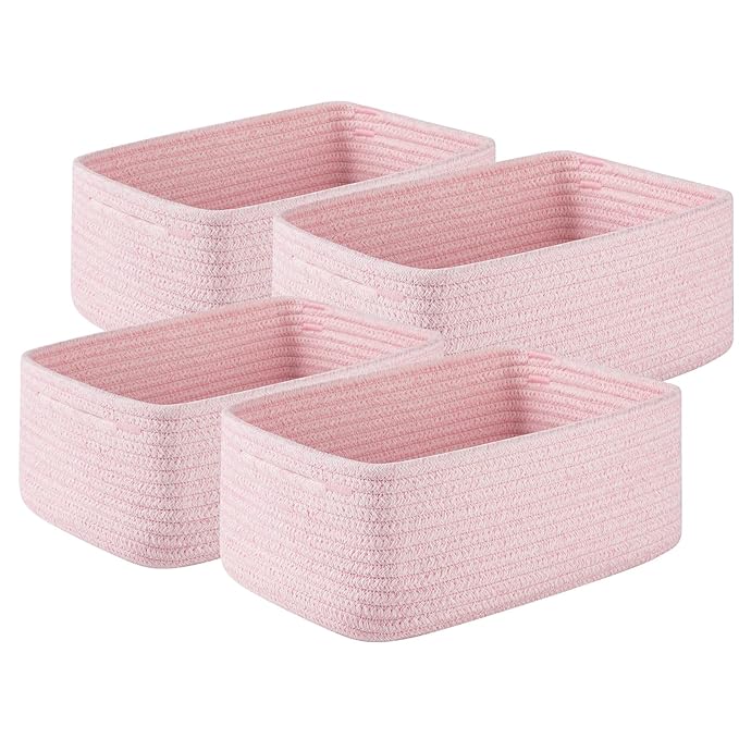 4 Pack Small Storage Shelf Baskets for Organizing, Mini Woven Rope Storage Bins for Towels, Cute Decorative Closet Organizer，Baby Nursery, Gift Empty Baskets -11.81''Lx7.87''Wx4.72''H-Pink-CubbioJoy