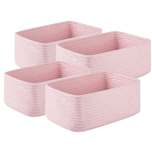 4 Pack Small Storage Shelf Baskets for Organizing, Mini Woven Rope Storage Bins for Towels, Cute Decorative Closet Organizer，Baby Nursery, Gift Empty Baskets -11.81''Lx7.87''Wx4.72''H-Pink-CubbioJoy