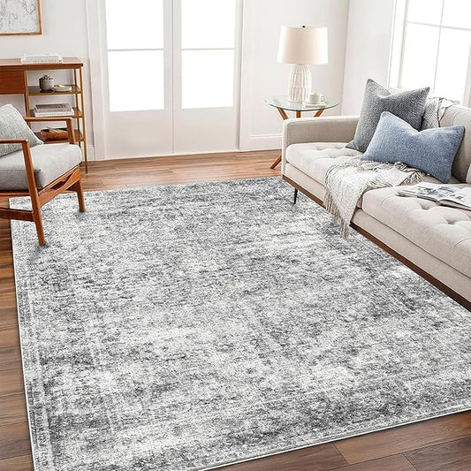 Area Rug 6x9 Washable Rug Gray Vintage Traditional Floor Cover Thin Rug Retro Kitchen Indoor Distressed Non Slip Carpet Floral Print Mat Living Room Bedroom Dining Room-CubbioJoy