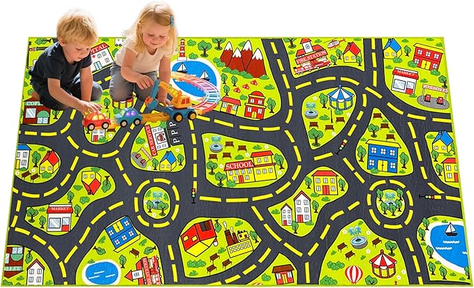 Car Rug for Kids 2.6x5 Feet - City Road Track Rug, Educational Car Floor Mats for Kid Room Playroom Games Room-CubbioJoy