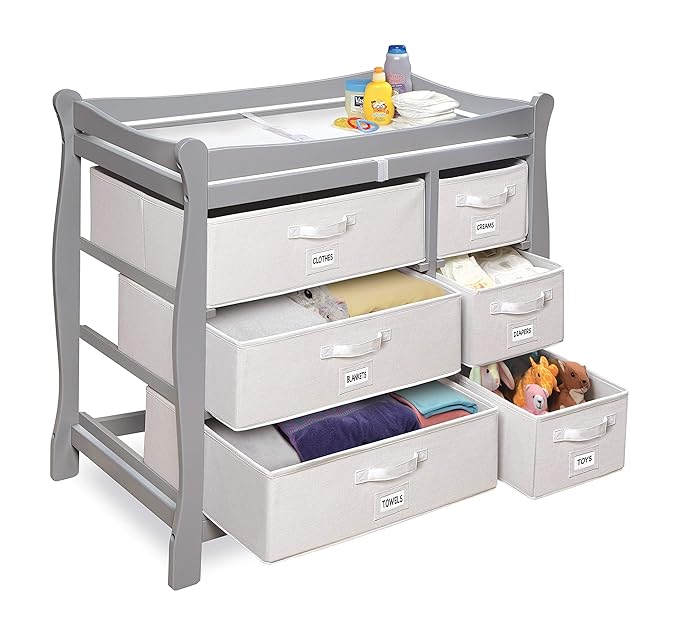 Badger Basket Sleigh Style Baby Changing Table - Diaper Station with 6 Removable Storage Baskets, Safety Rails, Pad, and Belt - Nursery Organizer - Gray/White-CubbioJoy