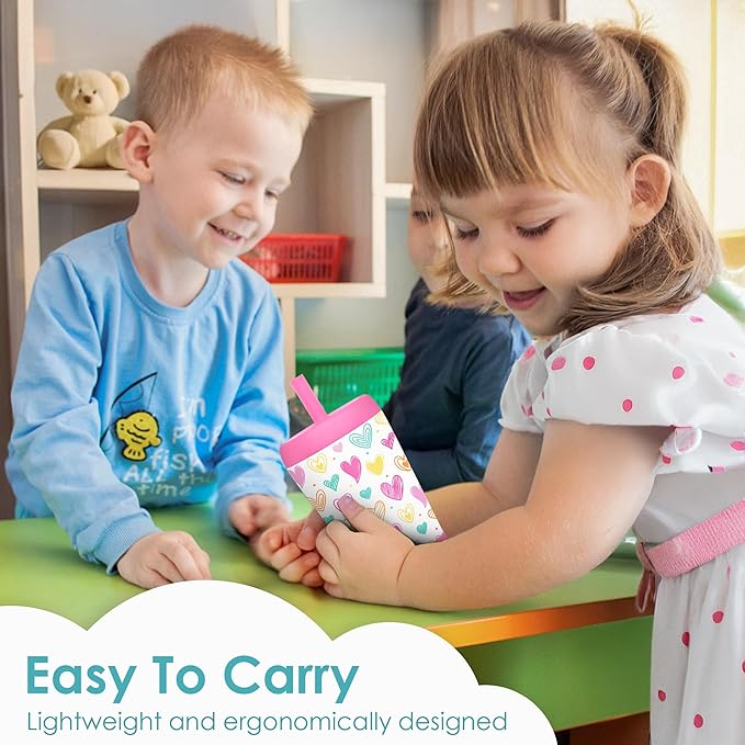 Kid Insulated Stainless Steel Tumbler with Silicone Straw, 12oz Sippy Cup for Kids (Playful Hearts)-CubbioJoy