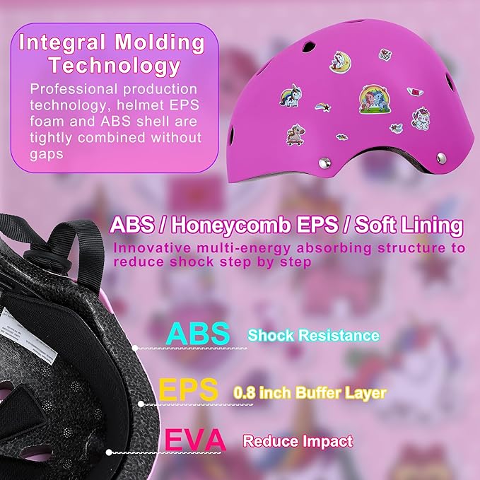 Kids Bike Helmet with DIY Stickers and Knee Pads Elbow Pads Wrist Guard Set for Ages 3-8-14 Toddler Boys Girls Helmet for Roller Skates Cycling Skateboarding Bicycle Scooter-CubbioJoy