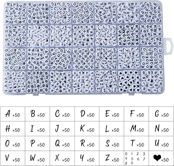 1400pcs Letter Beads, 4x7 mm Acrylic Alphabet Beads, Beads for Jewelry and Bracelet Making, in 28 Grid Box (White and Black)-CubbioJoy