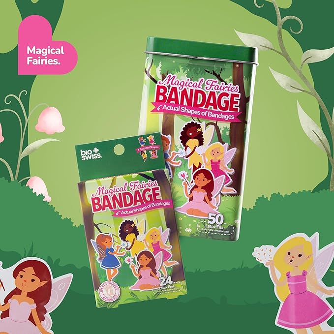 BioSwiss Bandages, Magical Fairies Shaped Self Adhesive Bandage, Latex Free Sterile Wound Care, Fun First Aid Kit Supplies for Kids and Adults, 50 Count-CubbioJoy