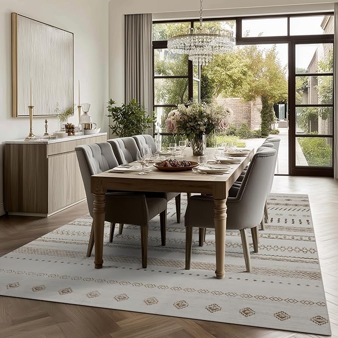 9x12 Area Rug Living Room Rugs, Boho Stain Resistant Washable Rug, Vintage Large Non-Slip Backing, Low Pile Lightweight Print Rug for Bedroom Dinning Room Home Office (Beige)-CubbioJoy