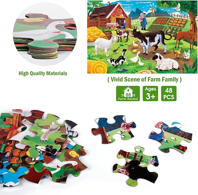 Jumbo Floor Puzzle for Kids,Farm Animals Jigsaw Large Puzzles,48 Piece Barn Puzzle for Toddler Ages 3-5,Children Learning Preschool Educational Toys,Birthday Gift for 4-8 Years Old Boy and Girl-CubbioJoy