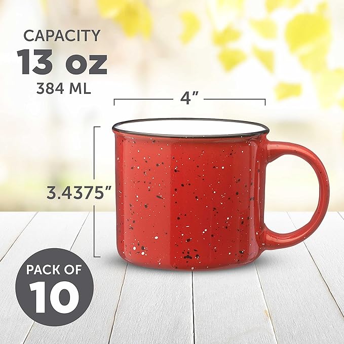 DISCOUNT PROMOS Ceramic Campfire Coffee Mugs 13 oz. Set of 10, Bulk Pack - Perfect for Tea, Espresso, Cappuccino, Hot Cocoa - Red-CubbioJoy