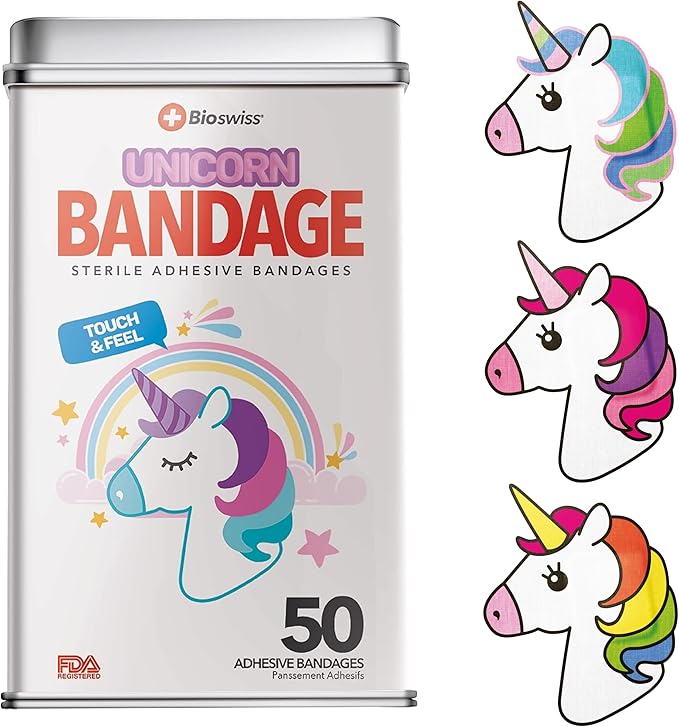 BioSwiss Bandages, Unicorn Shaped Self Adhesive Bandage, Latex Free Sterile Wound Care, Fun First Aid Kit Supplies for Kids, 50 Count-CubbioJoy