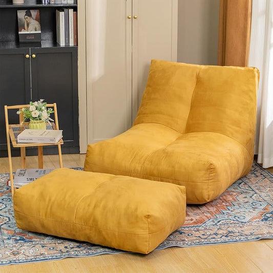 Bean Bag Chair with Ottoman, Comfy Bean Bag Sofa with Memory Foam, Lazy BeanBag Sofa with Footstool, Fireside Bean Bag Couch for Living Room, Bedroom, Apartment-CubbioJoy