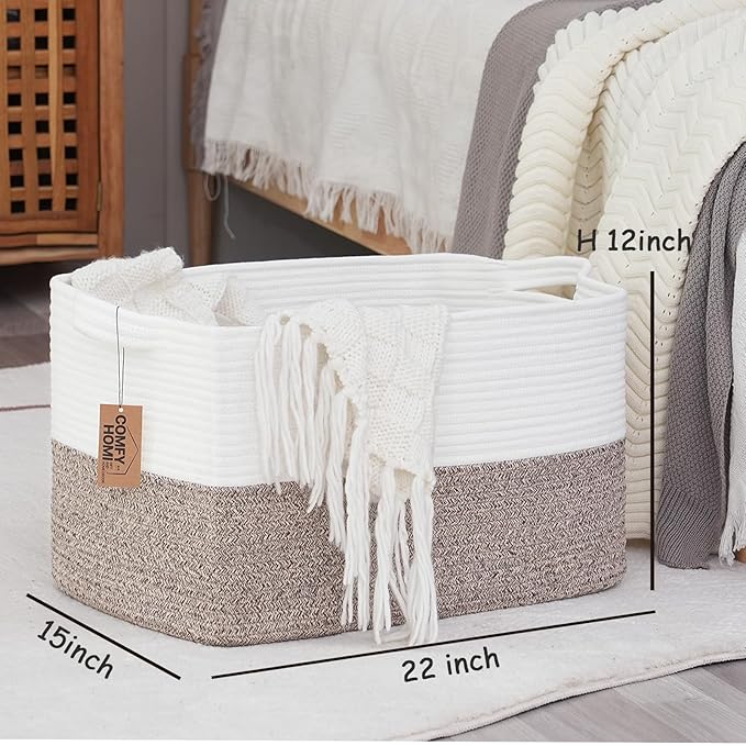 COMFY-HOMI Large Laundry for Organizing|Rectangle Cotton Rope Storage with Handles|Blanket for Living Room|Woven Laundry for Towels, Toys, Clothes-22x15x12”-White/Brown-CubbioJoy