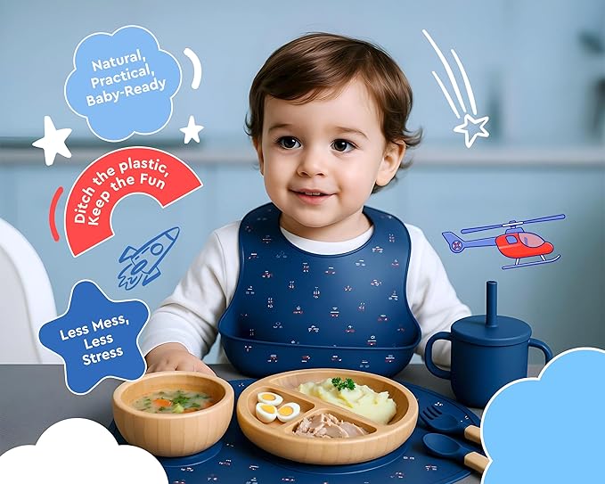 Bamboo Baby Feeding Set for Infants & Toddlers - Baby Essentials, Non-Toxic, Sustainable, Bamboo Suction Plate & Bowl, Bib, Sippy Cup w/Lid & Straw, Perfect Baby Shower Gifts (Midnight Blue)-CubbioJoy
