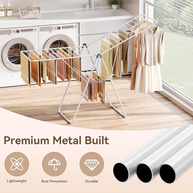 APEXCHASER Clothes Drying Rack, Foldable Drying Rack Clothing, Sturdy Metal Laundry Drying Rack, Height-Adjustable Gullwing, Easy to Fold, Space-Saving, for Indoor Outdoor, White-CubbioJoy
