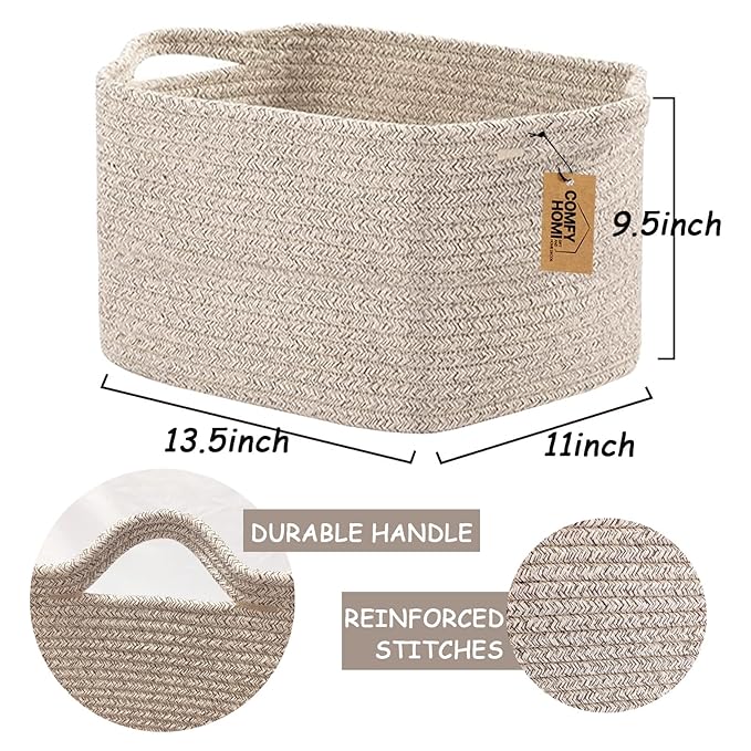 COMFY-HOMI 3PACK Cotton Rope Woven Basket With Handles for Shelves, Toy, Book, Cloth Storage Basket for Organizing|13.5" x 11" x 9.5" Decorative Nursery Cube Bin for Living Room（all brown）-CubbioJoy