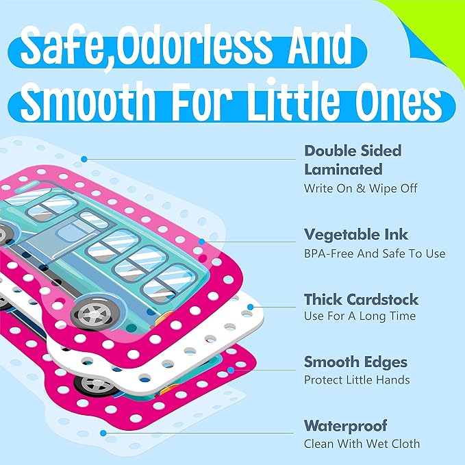 9 Pieces Kids Lacing Cards, Double Sided Sewing Cards in 9 Vehicle Cards with 9 Colorful Laces, Imagination Development Lacing Toys Games for Children Educational and Learning Activity-CubbioJoy