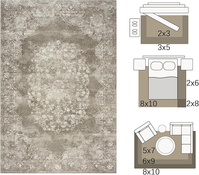 jinchan Washable Area Rug 8x10 for Living Room - Soft Faux Wool Ultra-Thin Stain Resistant Non-Slip Distressed Vintage Floral Large Carpet for Bedroom,Dining Room,Home Office,Nursery(Brown, 8'x10')-CubbioJoy