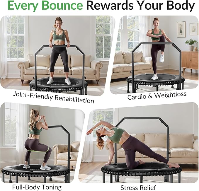 BCAN 40"/48" Mini Rebounder Trampoline for Adults with Bar, 450/550LBS Fitness Trampoline with Bungees, Adjustable Handle, Stable & Quiet, Indoor Outdoor, Whole-Body Workout & Relaxation at Home-CubbioJoy