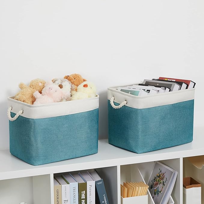 Bidtakay Foldable Storage Bins Set of 2 Tall Cloth Baskets 16" X 11.8" X 11.8" Decorative Organizers for Linen Closet (White & Teal)-CubbioJoy