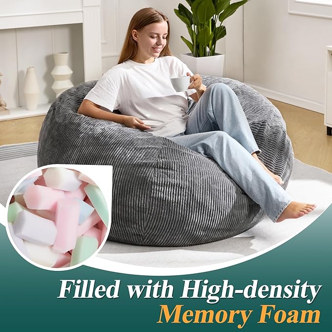 3.5FT Bean Bag Chairs Teardrop Bean Bag Chair for Adults Beanbag Chair with Memory Foam Filled Machine Washable Cover for Living Room, Bedroom (Large,Grey)-CubbioJoy