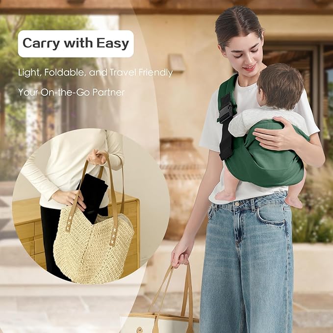 Baby Sling Carrier, Toddler Carrier Sling with Double Safety Buckle and Adjustable Shoulder Strap(7-30lbs), Baby Carriers One Size Fits All, Dark Green-CubbioJoy