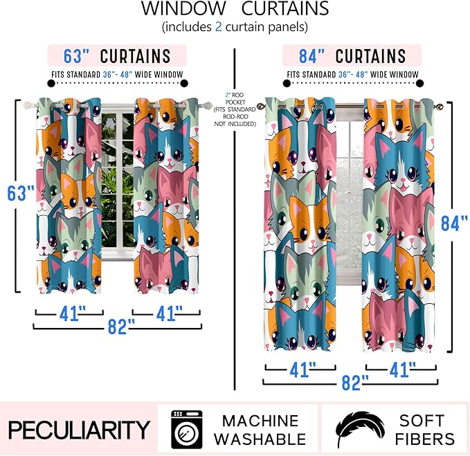 Cat Curtain Panels for Girls - 2Pcs Cat Blackout Curtains for Girls Bedroom, 84W x 84L-CubbioJoy