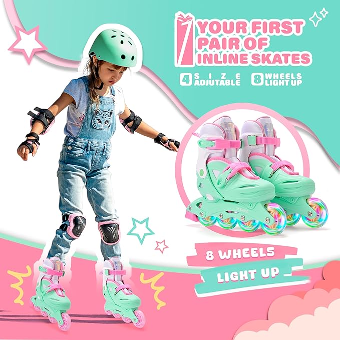 2PM SPORTS Inline Skates with Light Up Wheels, Roller Skates Blades for Boys Girls Kids Ages 5-8 8-12 4-6 6-12, Size Adjustable Beginner Blades Roller Skates-CubbioJoy