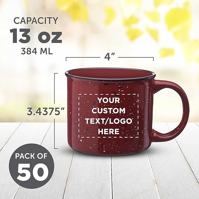DISCOUNT PROMOS Custom Ceramic Campfire Coffee Mugs 13 oz. Set of 50, Personalized Bulk Pack - Perfect for Tea, Espresso, Cappuccino, Hot Cocoa - Maroon-CubbioJoy