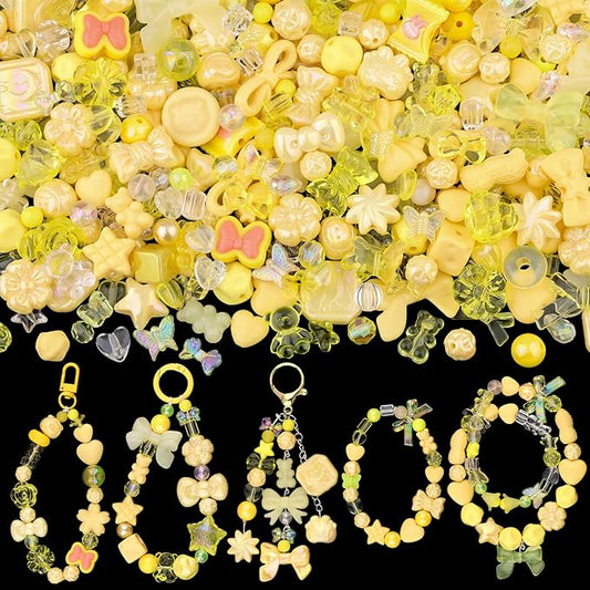 Assorted 170-230PCS Yellow Acrylic Beads for Bracelet Making, Flower Bow Butterfly Candy GummyBear Aesthetic Bracelet Charms,Cute Beads for Jewelry Making DIY Necklace Keychain Phone Charm-CubbioJoy