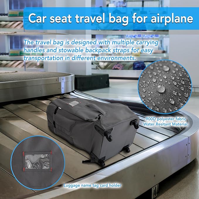 Car Seat Travel Bag with Wheels Heavy Duty Water-resistant Protective Cover for Airplane Travel & Rolling Design, Padded Handle,Padded Adjustable Strap (Grey)-CubbioJoy