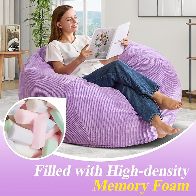 3.5FT Bean Bag Chairs Teardrop Bean Bag Chair for Adults Beanbag Chair with Memory Foam Filled Machine Washable Cover for Living Room, Bedroom (Large,Purple)-CubbioJoy