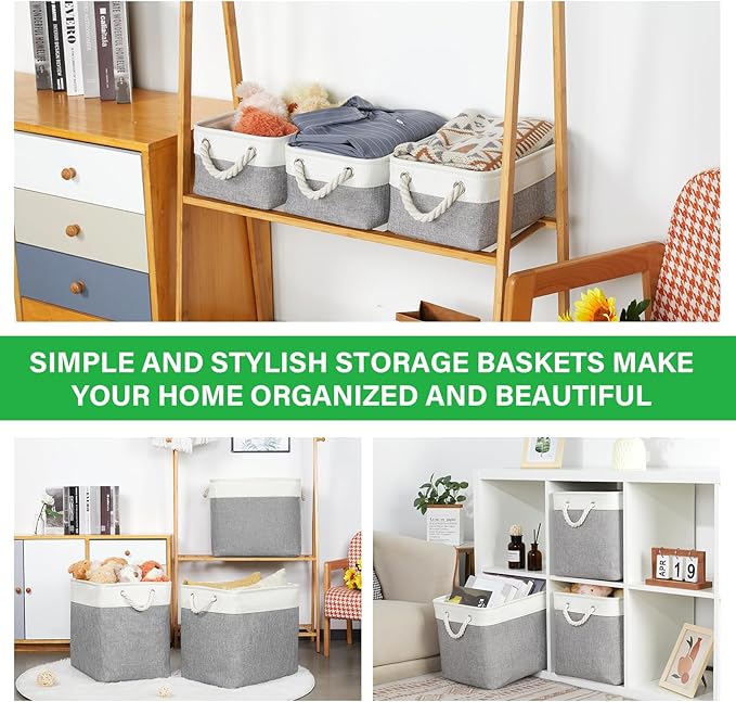 Bidtakay Small Baskets Fabric Storage Baskets for Organizing 3-Pack 12x8x5 Inch Collapsible Storage Bins for Shelves Canvas Bins for Closet Organization Home Baskets Storage Linen Closet S-White&Grey-CubbioJoy