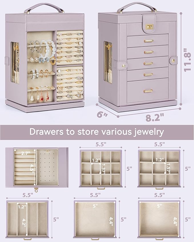 AKOZLIN 360° Rotating Jewelry Box 6-Tier Organizer Functional Jewelry Storage Case for Women Girls Ring Necklace Earring Bracelet Holder with Mirror Purple-CubbioJoy