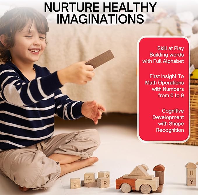 Alphabet Number Early Math Wooden Building Blocks Set - 86 Blocks in 6 Shapes with Wooden Storage Tray. Preschool Montessori Kids Toys. Stacking Learning Toys for Toddlers. Age 3 Years +-CubbioJoy