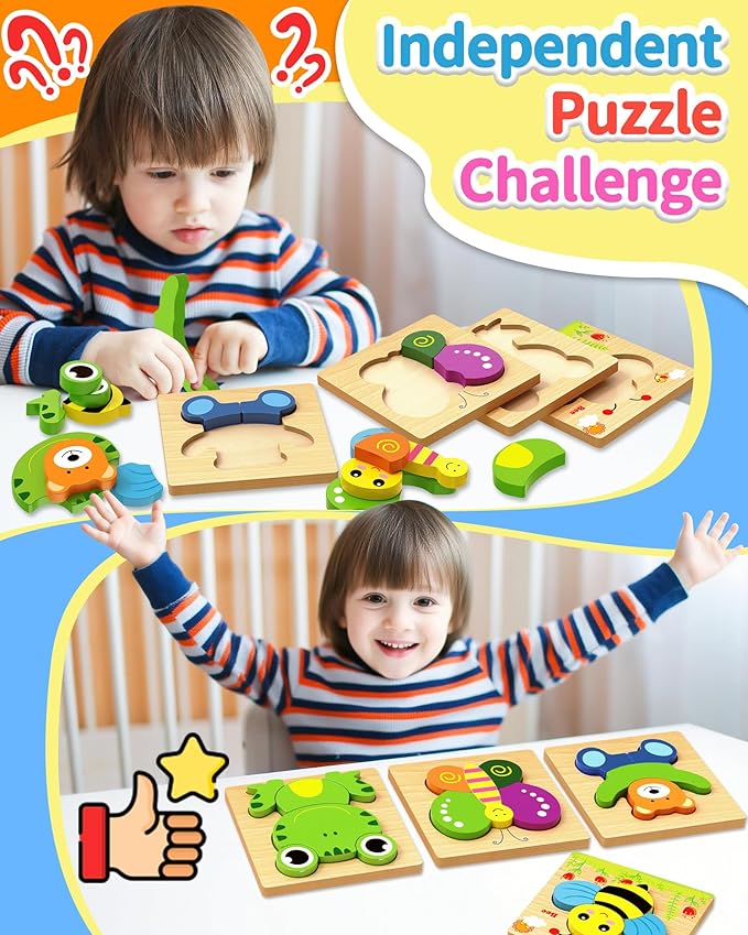 Bekayshad Wooden Puzzles Toddler Toys Gifts for 1 2 3 Year Old Boys Girls, 4 Pack Animal Jigsaw Puzzles Montessori Toys, Learning Educational Christmas Birthday Gifts for Girls Boys Ages 1-3-CubbioJoy