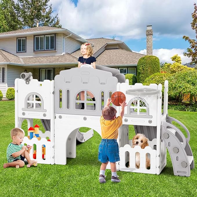 JOYLDIAS 9 in 1 Toddler Slide, Toddler Playground with Double Slides, Climber,Basketball Hoop,Tunnel, Telescope, Storage Space and Non-Slip Step, Indoor Outdoor Backyard Playset for Toddlers Age 1-3+-CubbioJoy